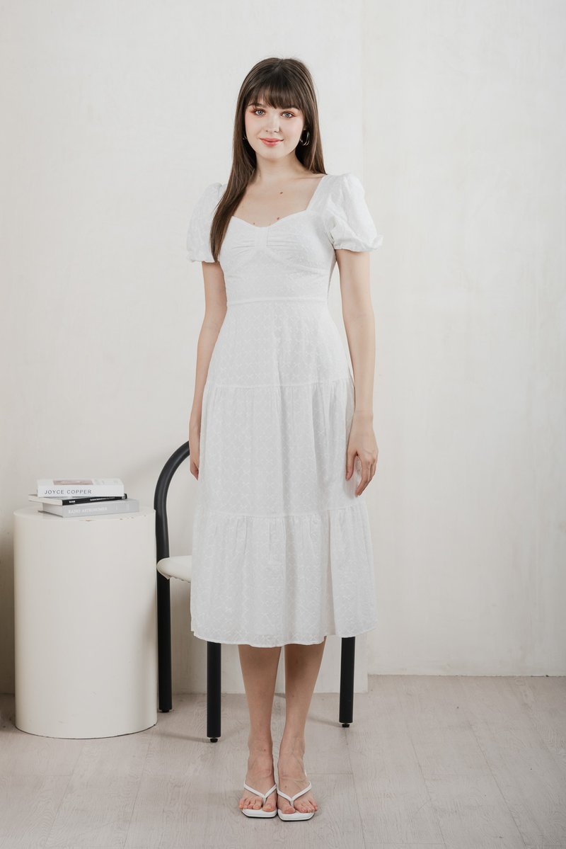 Bambi Ribbon Embroidery Tiered Midi Dress In White