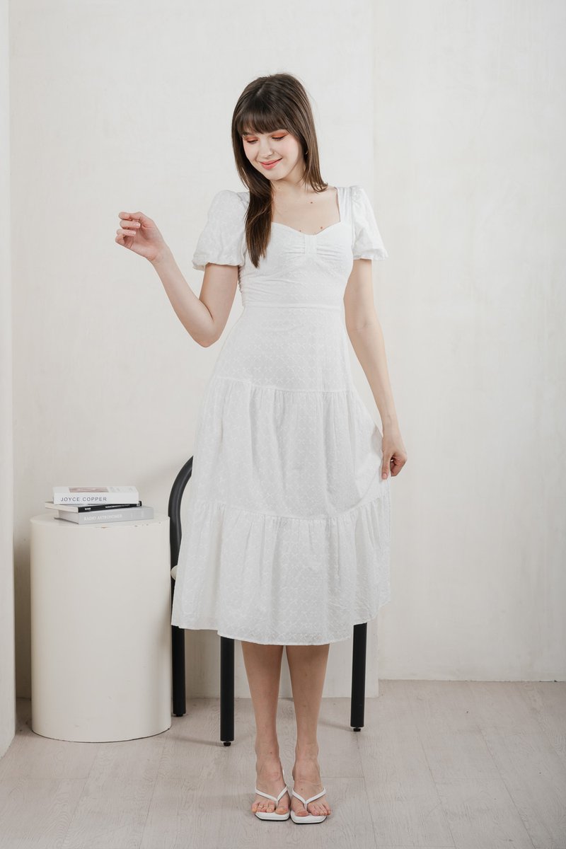 Bambi Ribbon Embroidery Tiered Midi Dress In White
