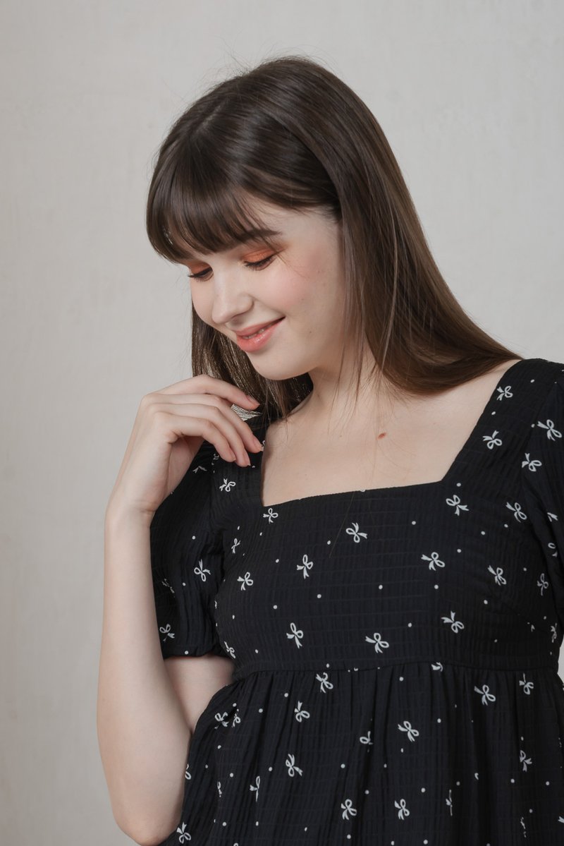 Flair Ribbon Prints Babydoll Top In Black (XS)