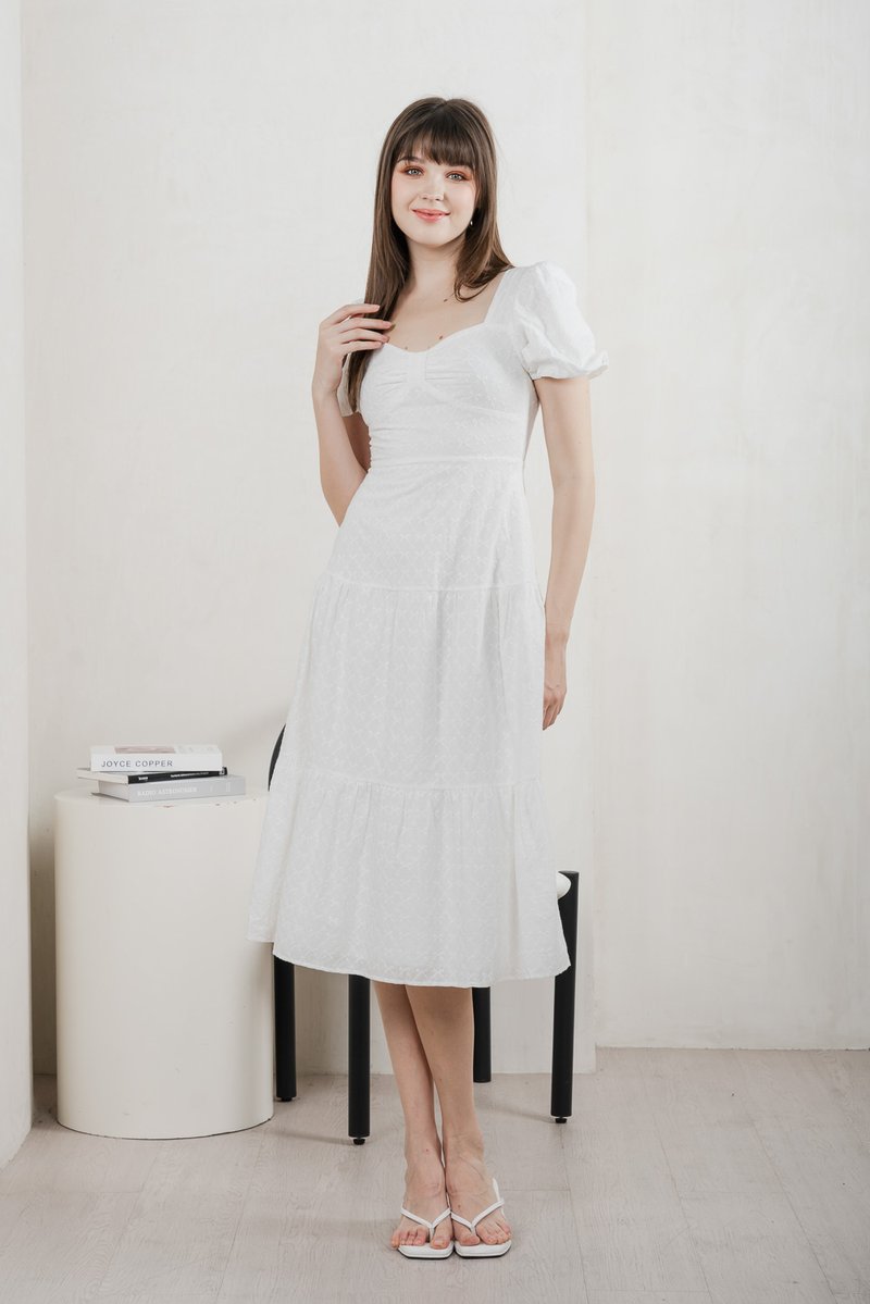 Bambi Ribbon Embroidery Tiered Midi Dress In White
