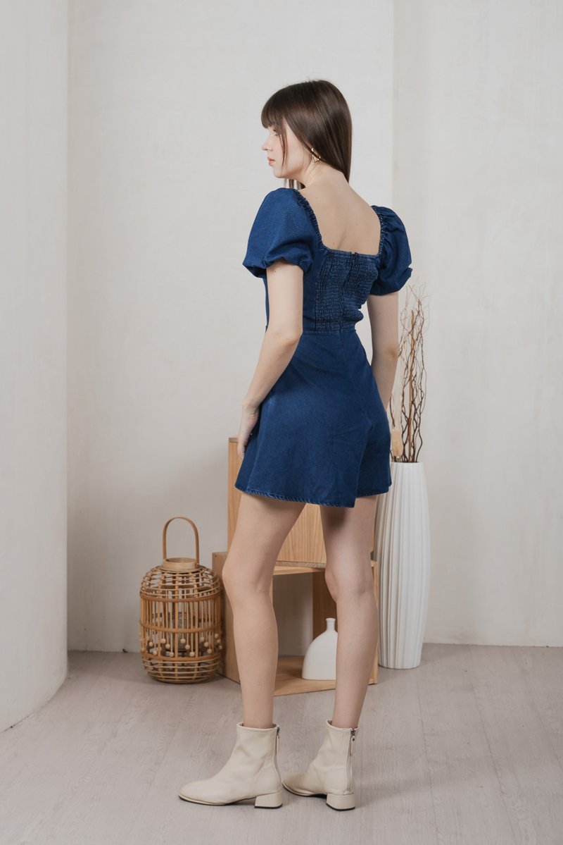 Moon Denim Sweetheart Romper In Dark Wash (XS)