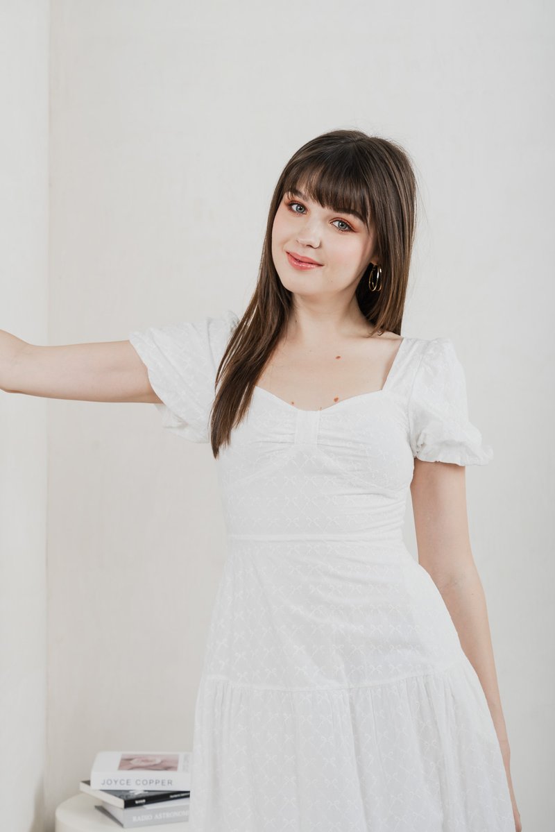 Bambi Ribbon Embroidery Tiered Midi Dress In White