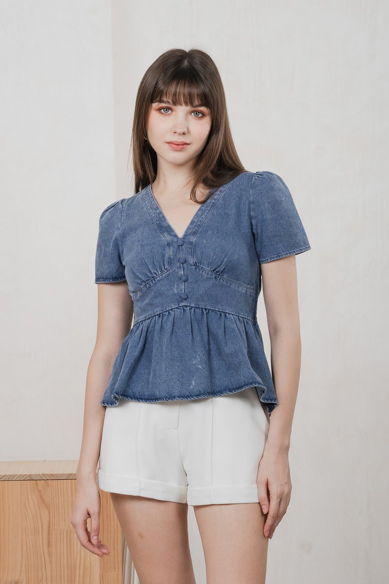 Euphoria Denim Empire Waist Top In Mid Wash