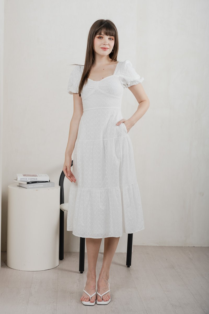 Bambi Ribbon Embroidery Tiered Midi Dress In White