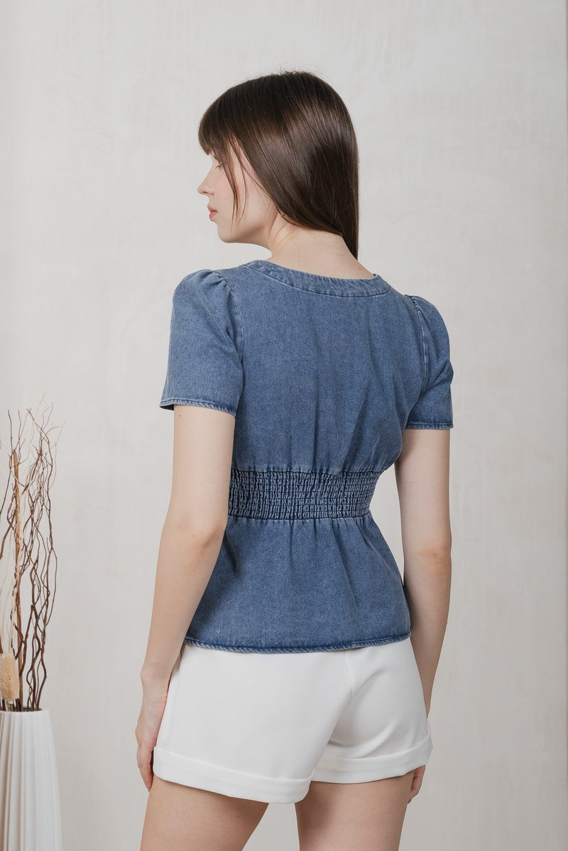 Euphoria Denim Empire Waist Top In Mid Wash