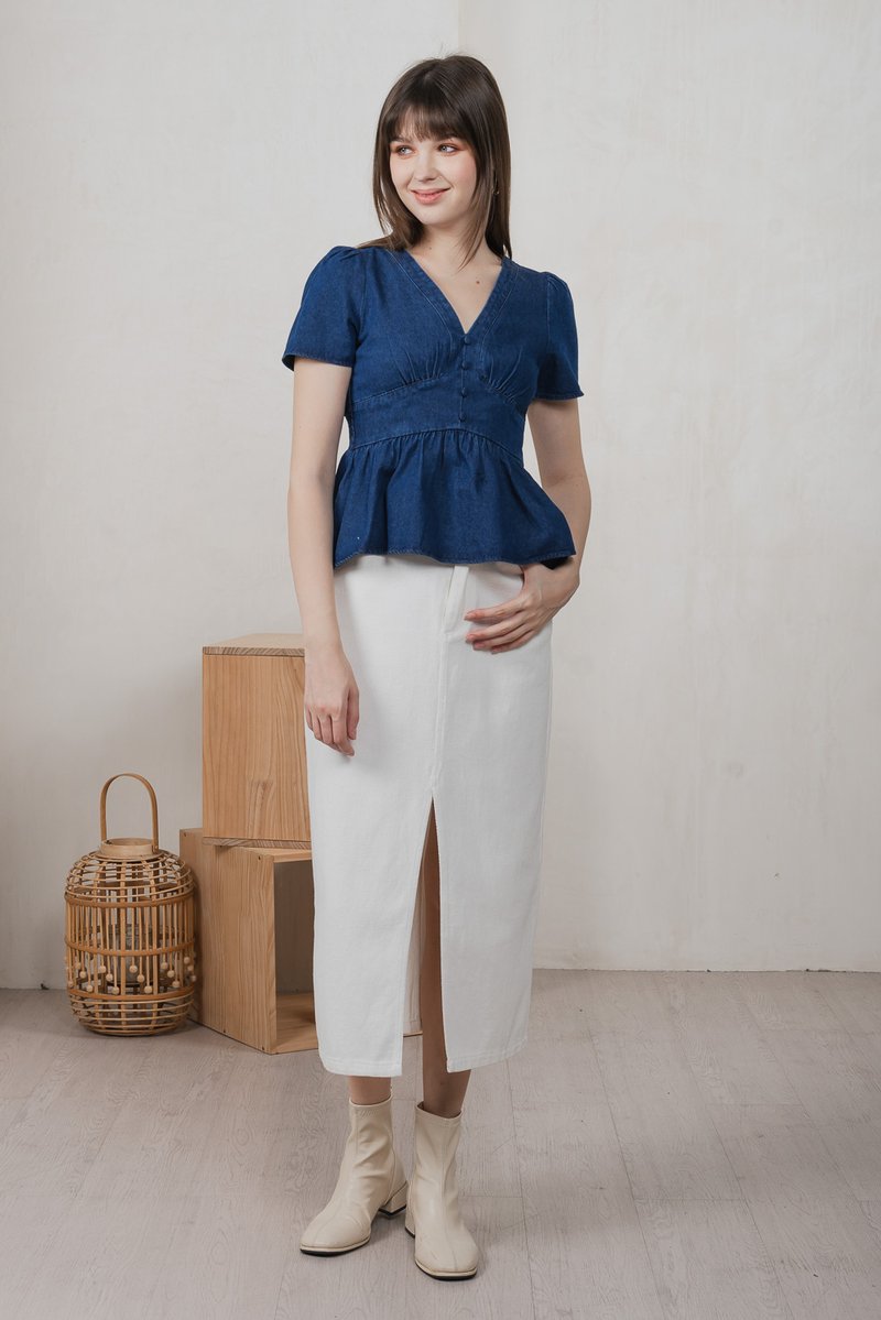 Euphoria Denim Empire Waist Top In Dark Wash (XS)