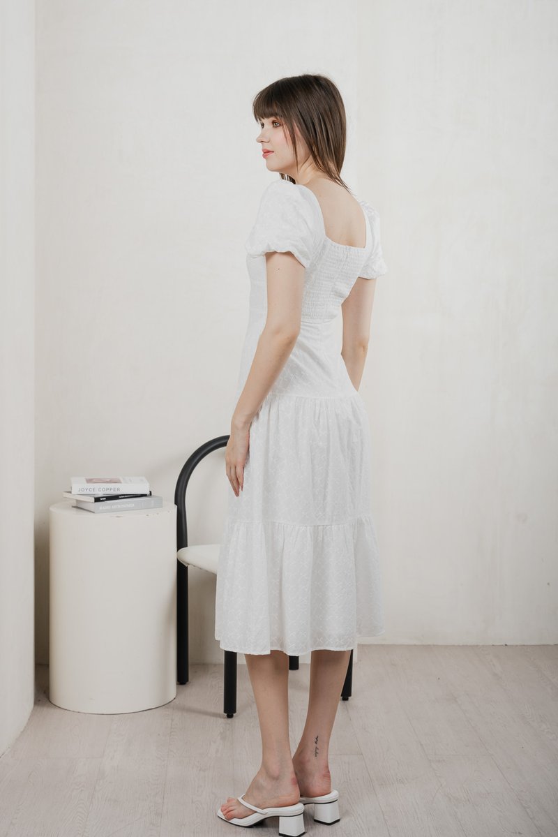 Bambi Ribbon Embroidery Tiered Midi Dress In White