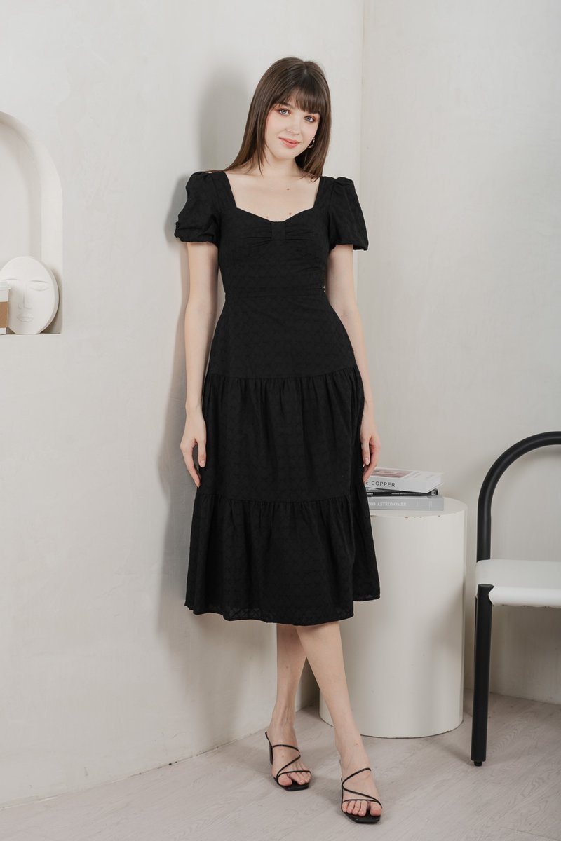 Bambi Ribbon Embroidery Tiered Midi Dress In Black (XS)