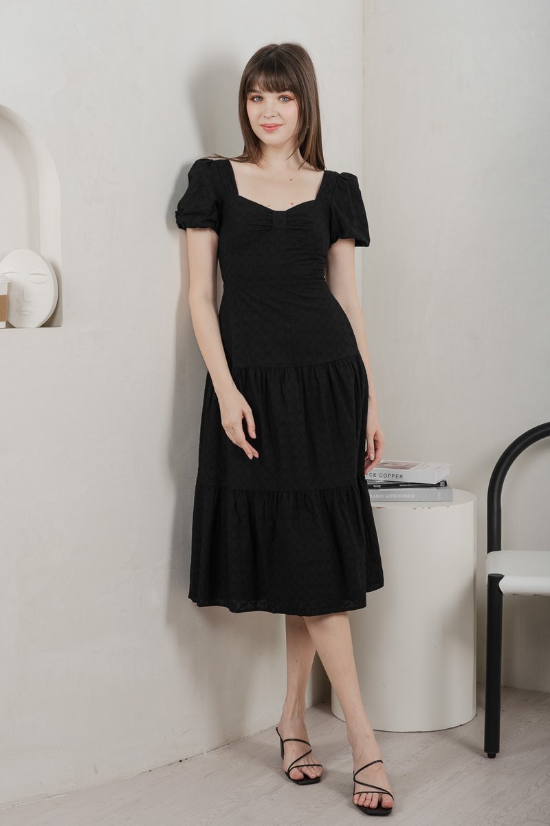 Bambi Ribbon Embroidery Tiered Midi Dress In Black (XS)
