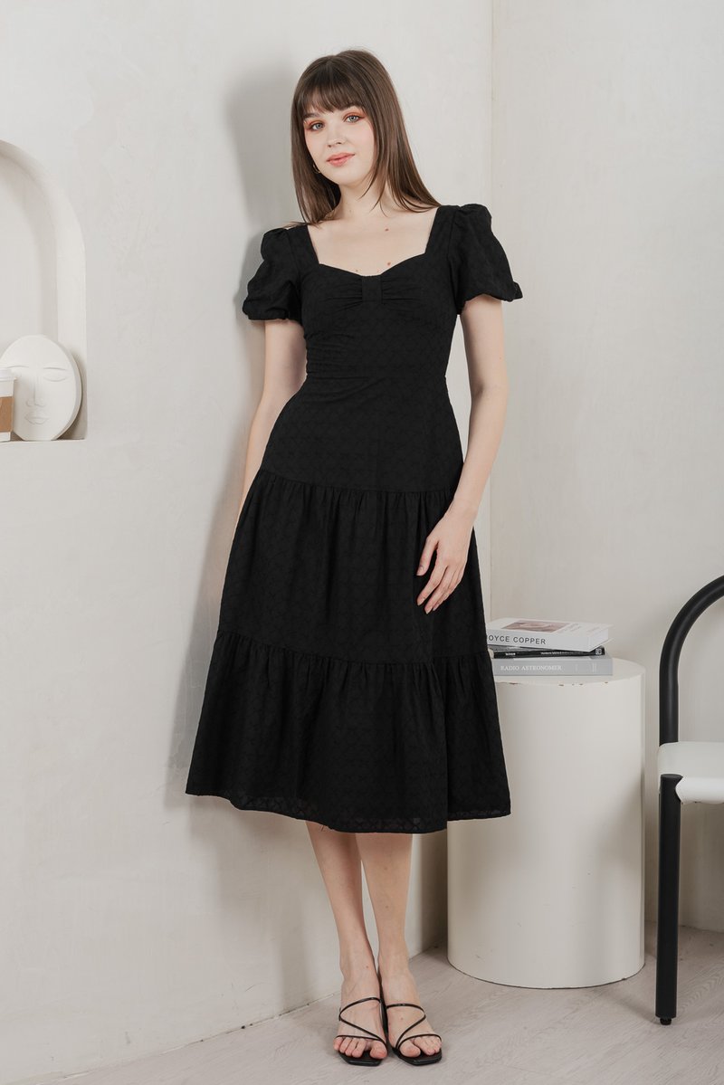 Bambi Ribbon Embroidery Tiered Midi Dress In Black (XS)