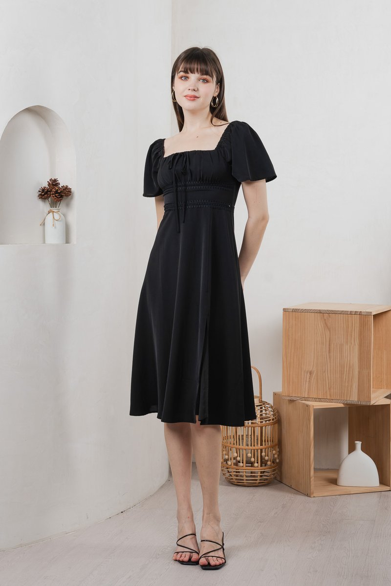 Calani Ruched Crochet Midi Dress In Black (XS)