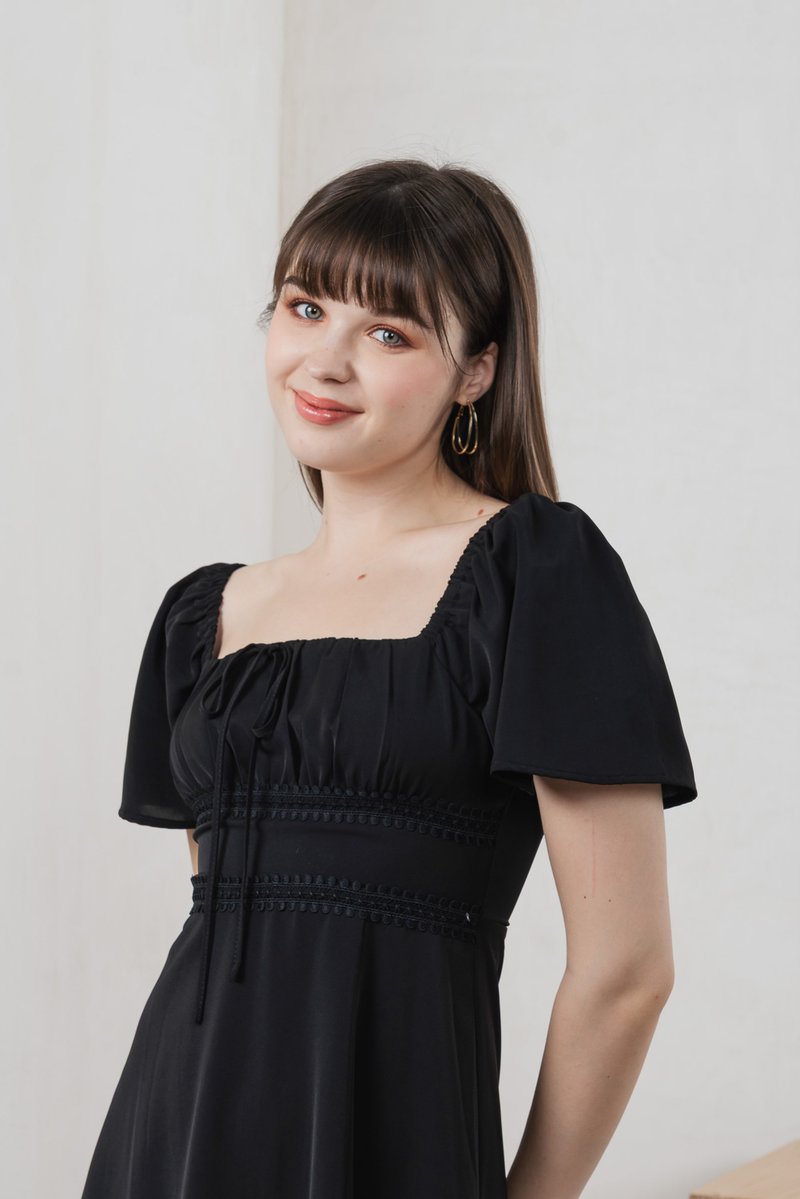 Calani Ruched Crochet Midi Dress In Black (XS)