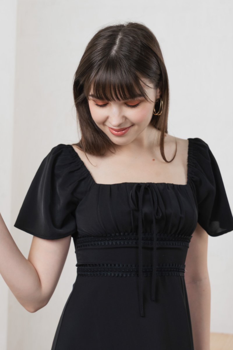 Calani Ruched Crochet Midi Dress In Black (XS)