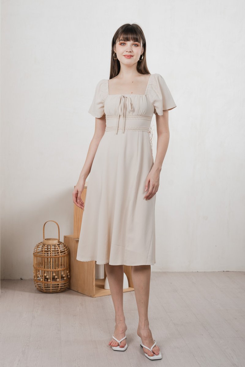 Calani Ruched Crochet Midi Dress In Cream (XS)