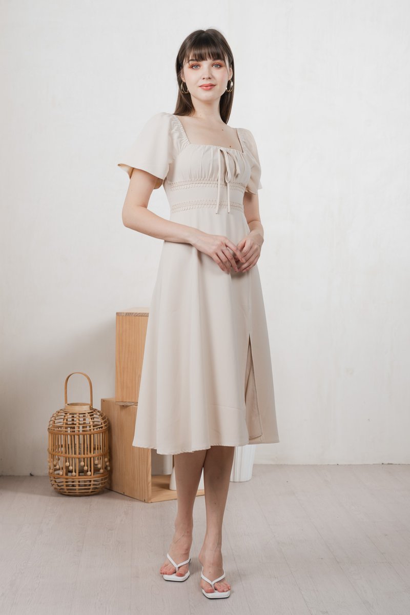 Calani Ruched Crochet Midi Dress In Cream (XS)