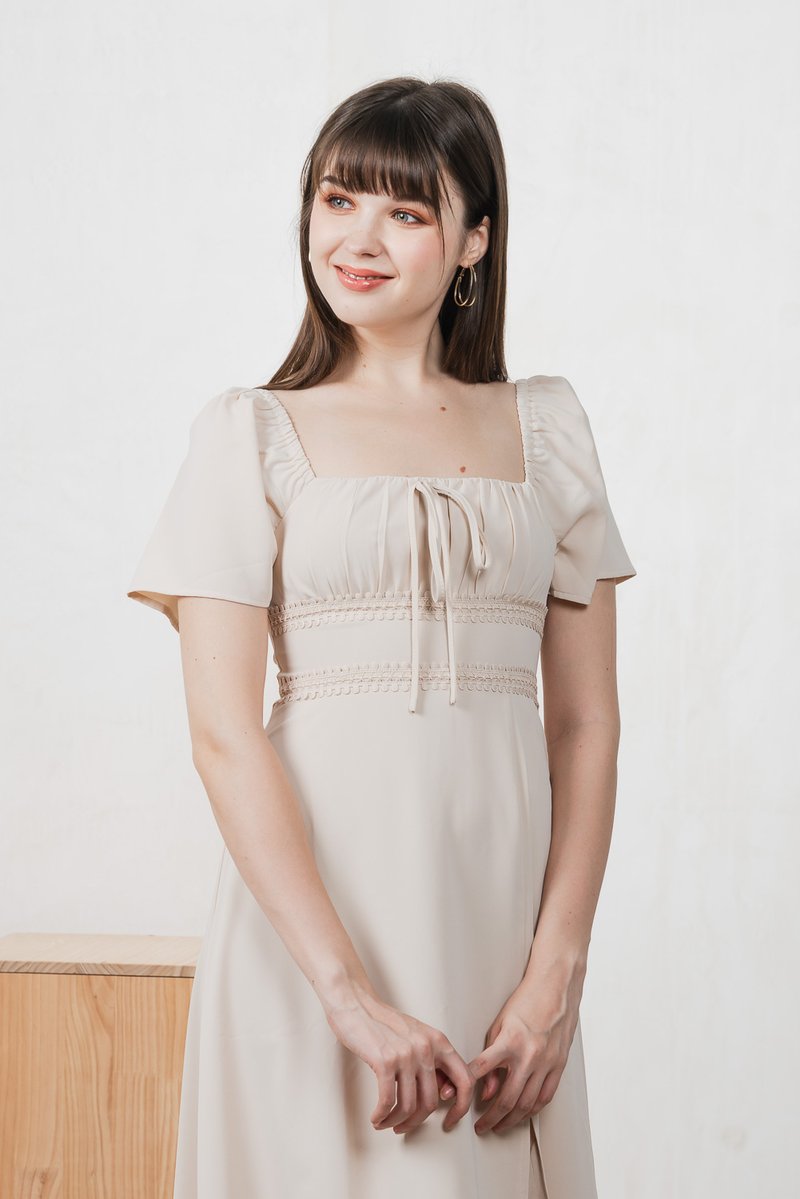Calani Ruched Crochet Midi Dress In Cream (XS)