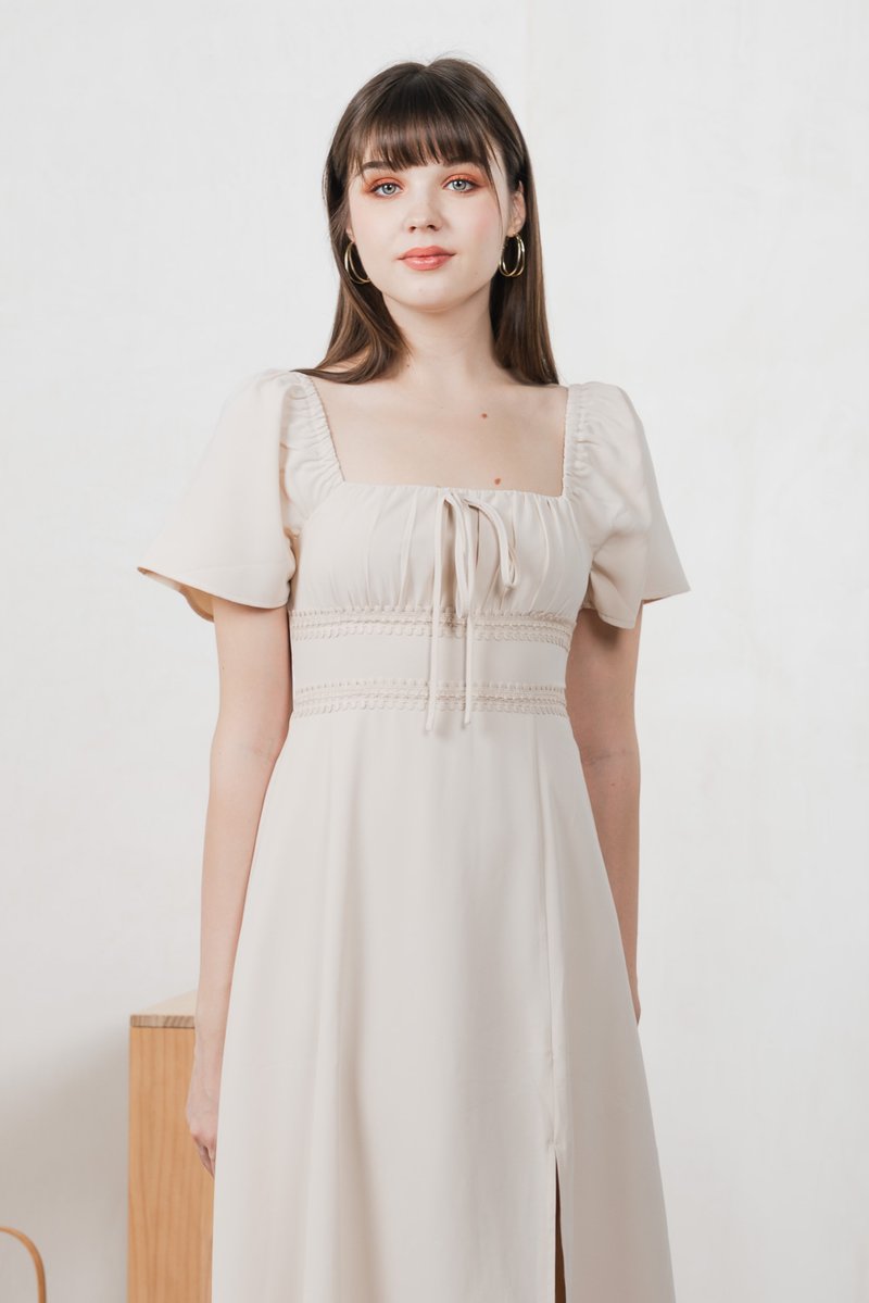 Calani Ruched Crochet Midi Dress In Cream (XS)