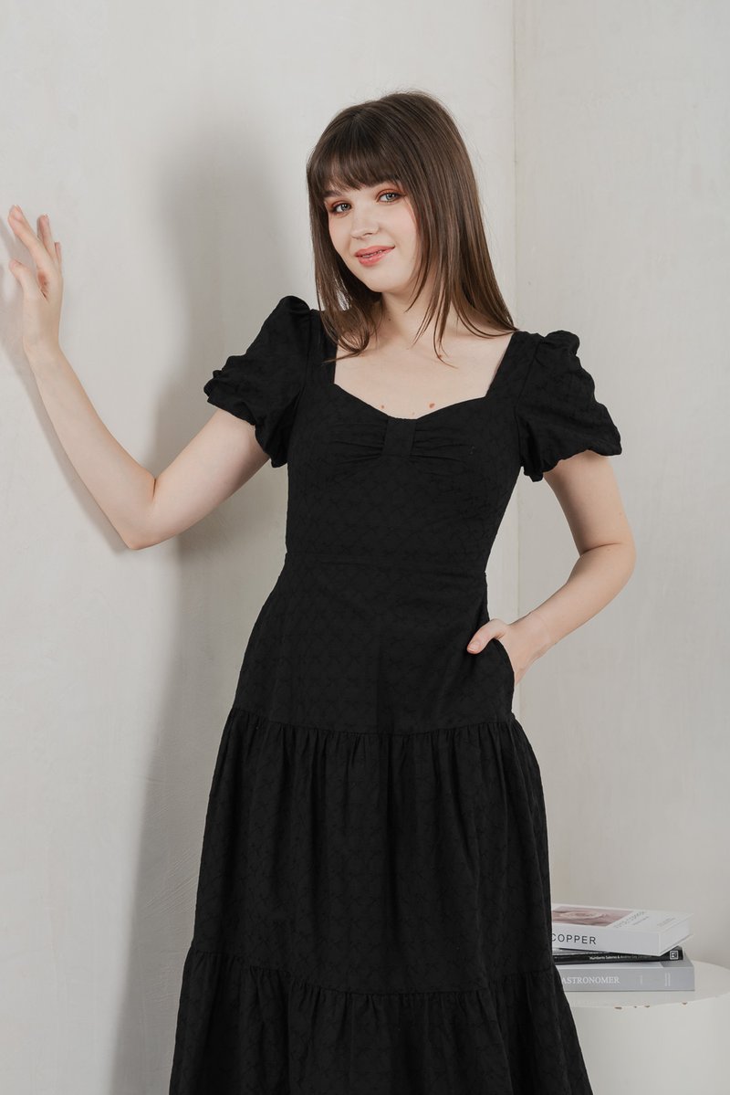 Bambi Ribbon Embroidery Tiered Midi Dress In Black (XS)