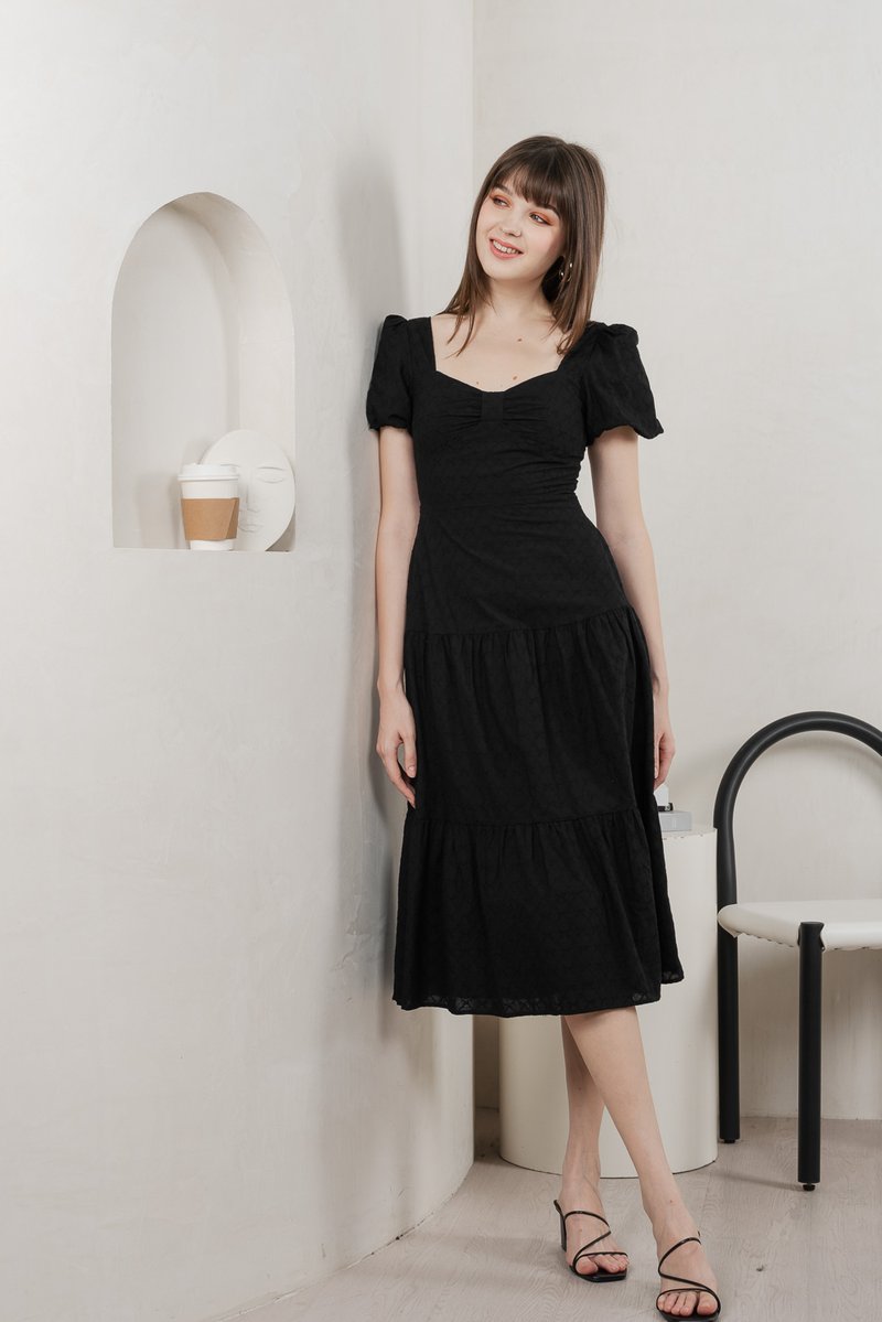 Bambi Ribbon Embroidery Tiered Midi Dress In Black (XS)