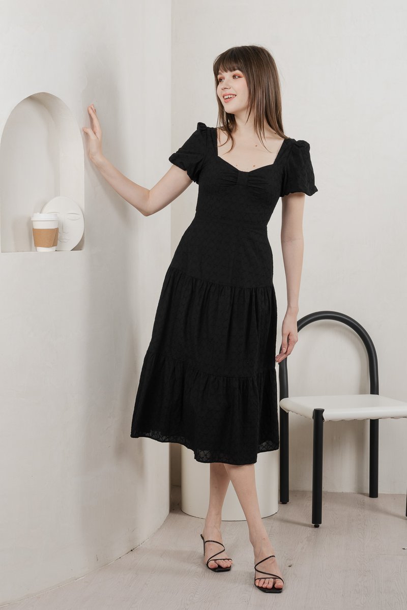 Bambi Ribbon Embroidery Tiered Midi Dress In Black (XS)