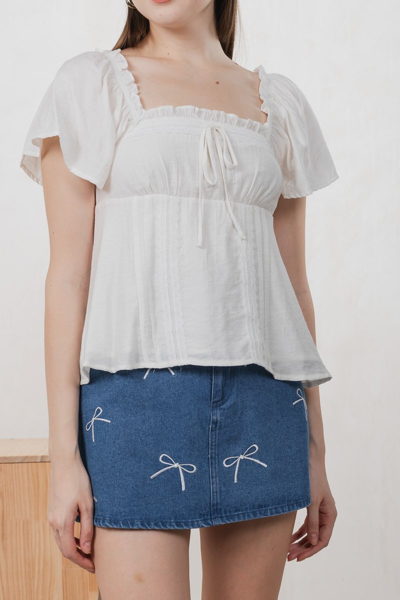 Aimee Ribbon Embroidery Denim Skort In Dark Wash