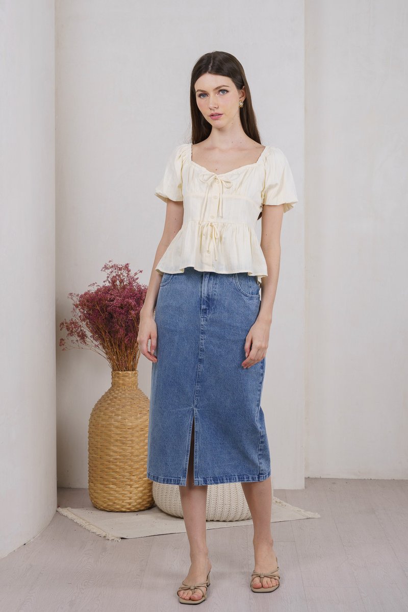 Believe Broidery Button Ribbon Top In Butter (XXL)