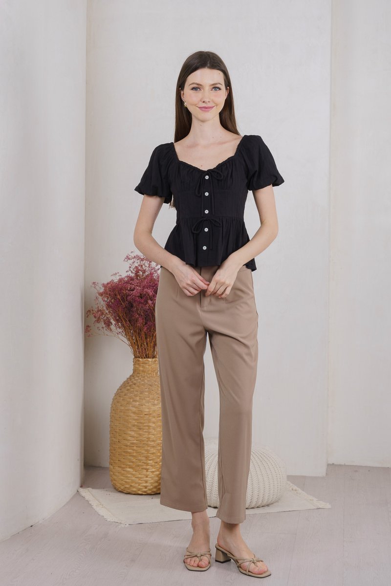 Believe Broidery Button Ribbon Top In Black