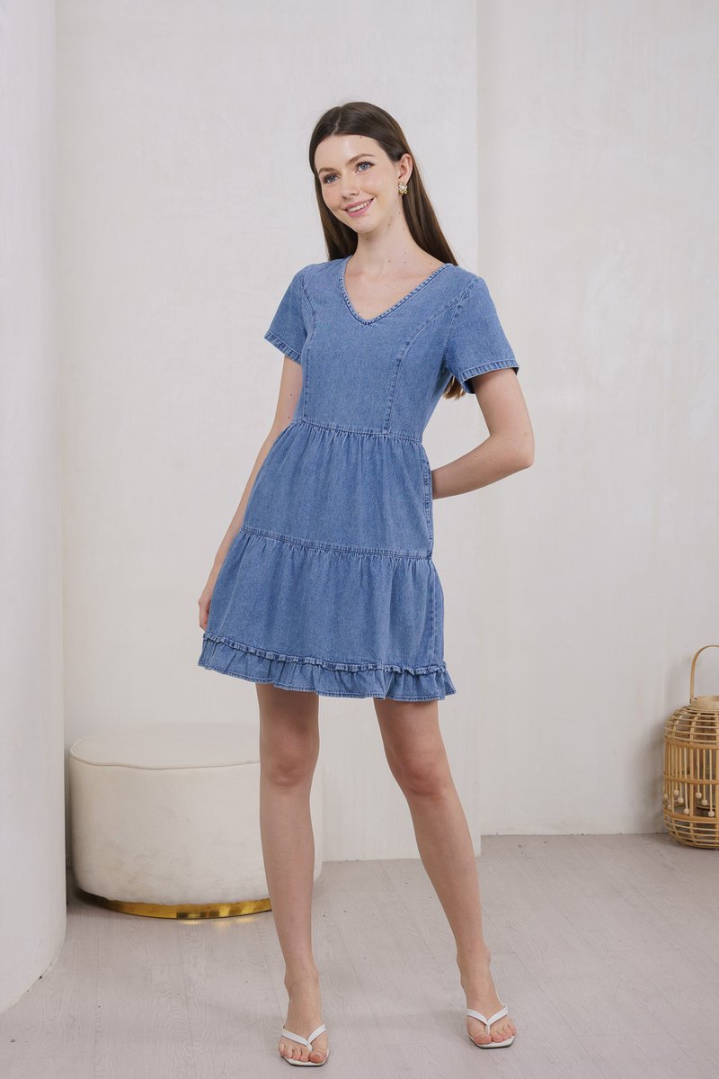 Ryleigh Denim Tiered Ruffles Dress In Dark Wash (XS)