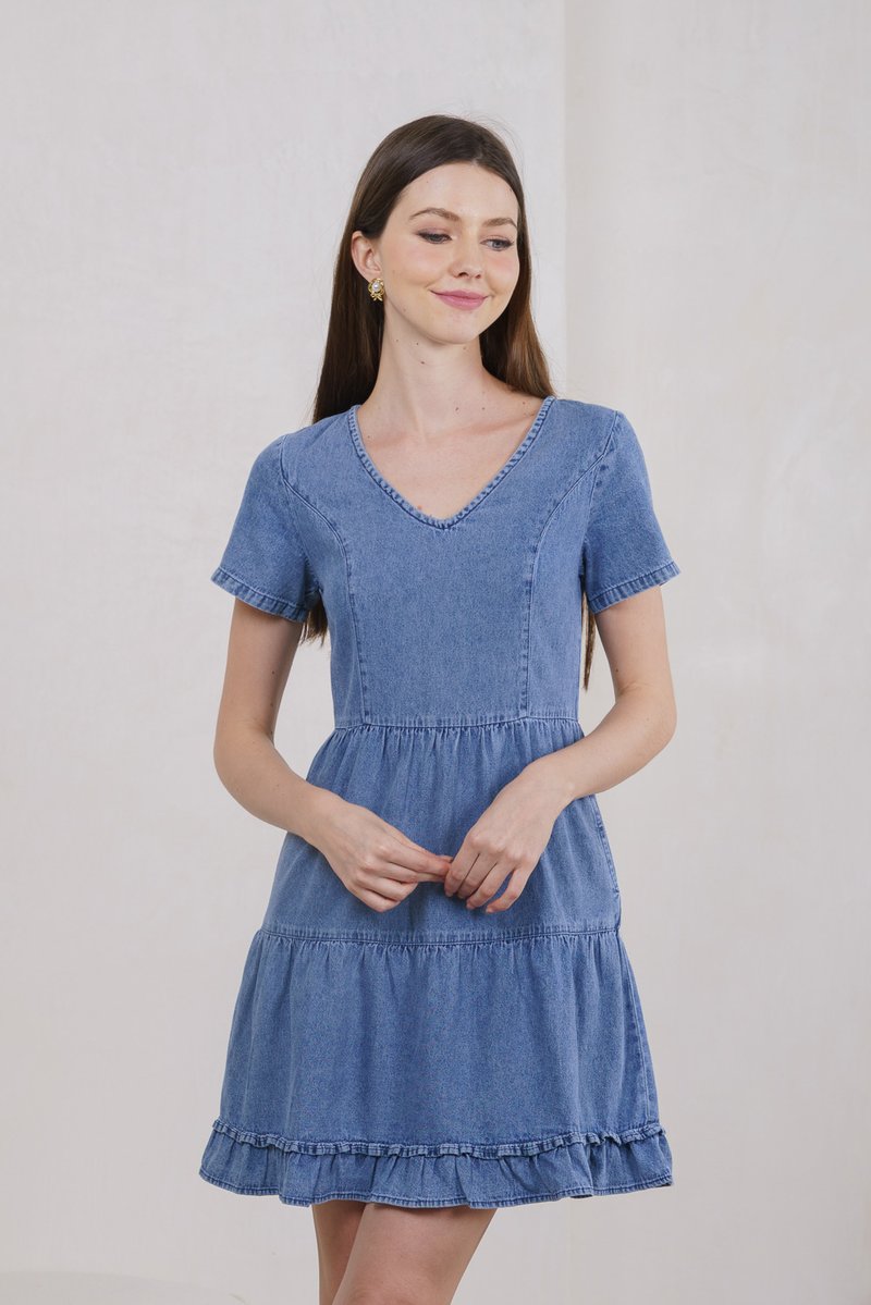 Ryleigh Denim Tiered Ruffles Dress In Dark Wash (XS)
