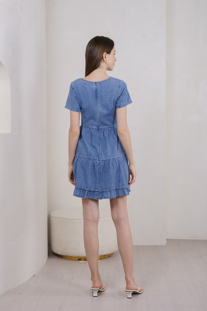 Ryleigh Denim Tiered Ruffles Dress In Dark Wash (XS)