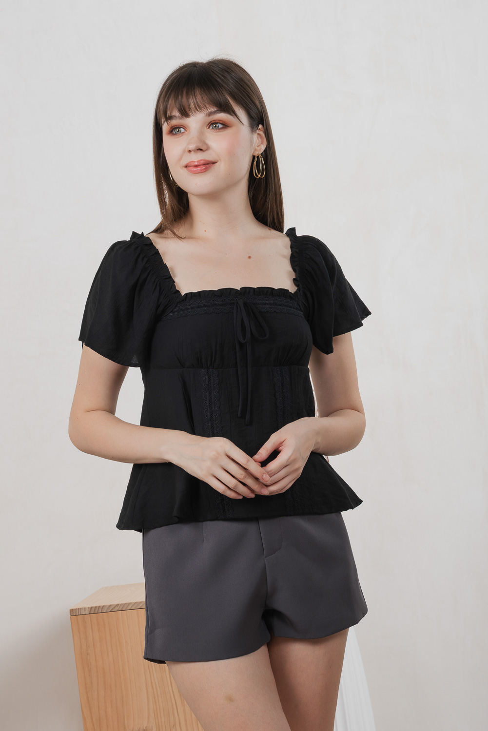Lidith Textured Ribbon Lace Top In Black