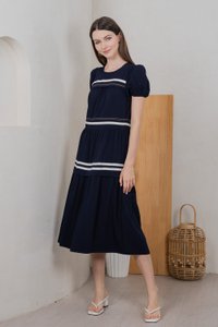 Maurice Contrast Tiered Midi Dress In Navy