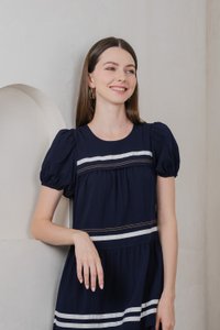 Maurice Contrast Tiered Midi Dress In Navy