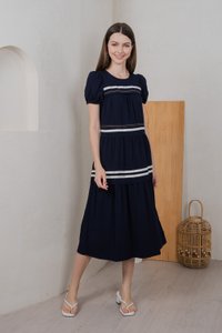 Maurice Contrast Tiered Midi Dress In Navy