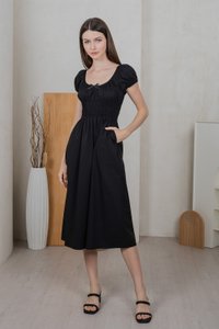 Sunny Smocked Bow Midi Dress In Black