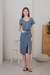 Brighton Denim Button Midi Dress in Mid Wash (XS)
