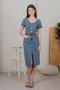 Brighton Denim Button Midi Dress in Mid Wash (XS)