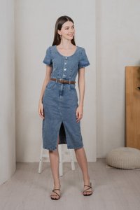 Brighton Denim Button Midi Dress in Mid Wash (XS)