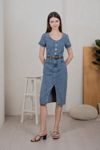Brighton Denim Button Midi Dress in Mid Wash (XS)