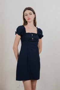 Rainelle Ruched Button Dress In Navy