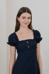 Rainelle Ruched Button Dress In Navy