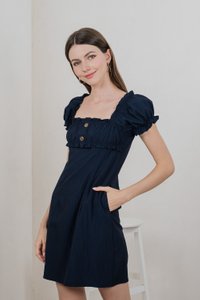 Rainelle Ruched Button Dress In Navy