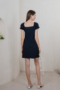 Rainelle Ruched Button Dress In Navy