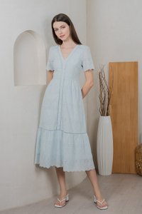 Lindsay Eyelet V Neck Midi Dress In Tiffany Blue (XS)
