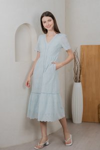 Lindsay Eyelet V Neck Midi Dress In Tiffany Blue (XS)