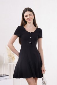 Caspia Ribbon Button Cotton Dress In Black (XS)