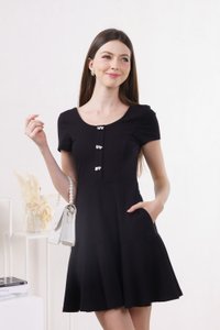 Caspia Ribbon Button Cotton Dress In Black (XS)