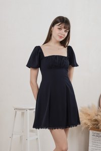 Harmonia Lace Hem Ruched Dress In Navy (XS)