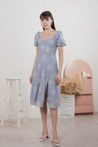 Emeth Floral Embroidery Striped Midi Dress In Blue