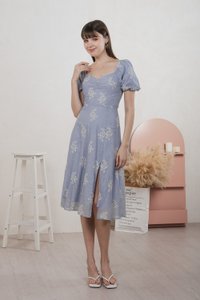 Emeth Floral Embroidery Striped Midi Dress In Blue